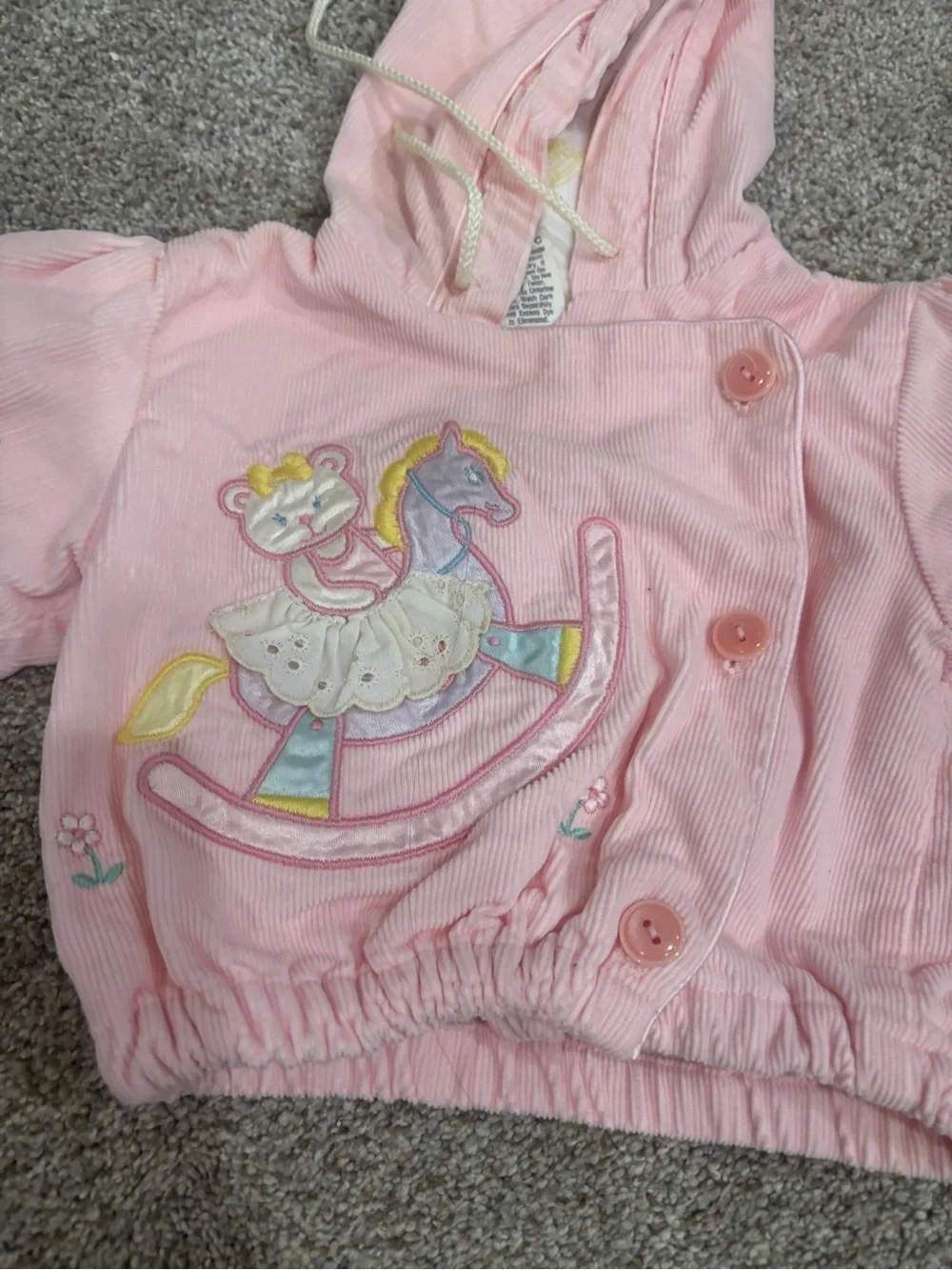 Vintage Baby Corduroy Hooded Pink Embroidered Button Up jacket 6-9 months
